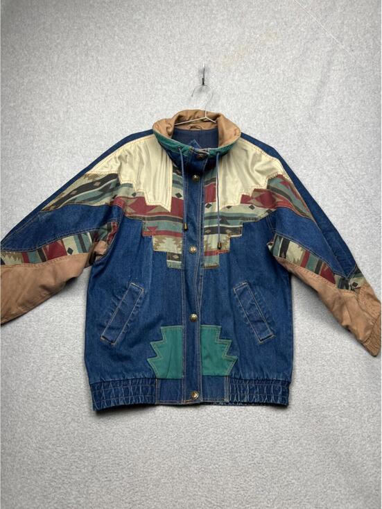 Jackets & Blazers - Vintage 80s 90s MidWest Aztec Womens L Denim Oversized Jacket Coat Western Boho